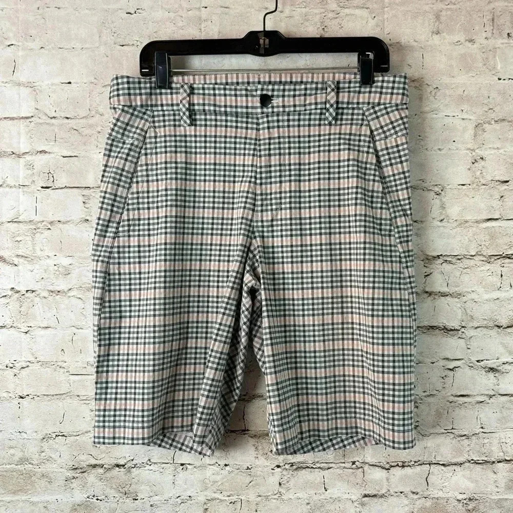 Lululemon Mens Size 34 Chino Shorts Plaid Black Pink Organic Cotton Golf Stretch